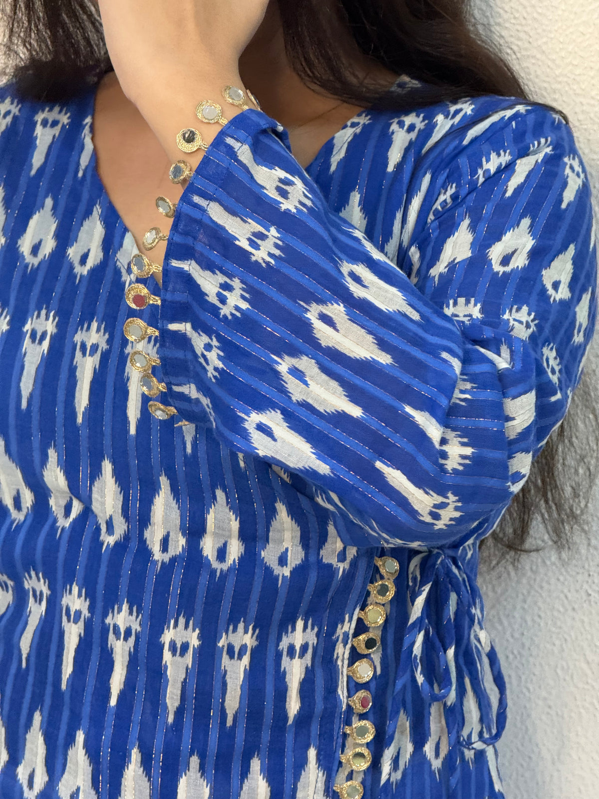 Blue ikkat top with mirror lace detailing