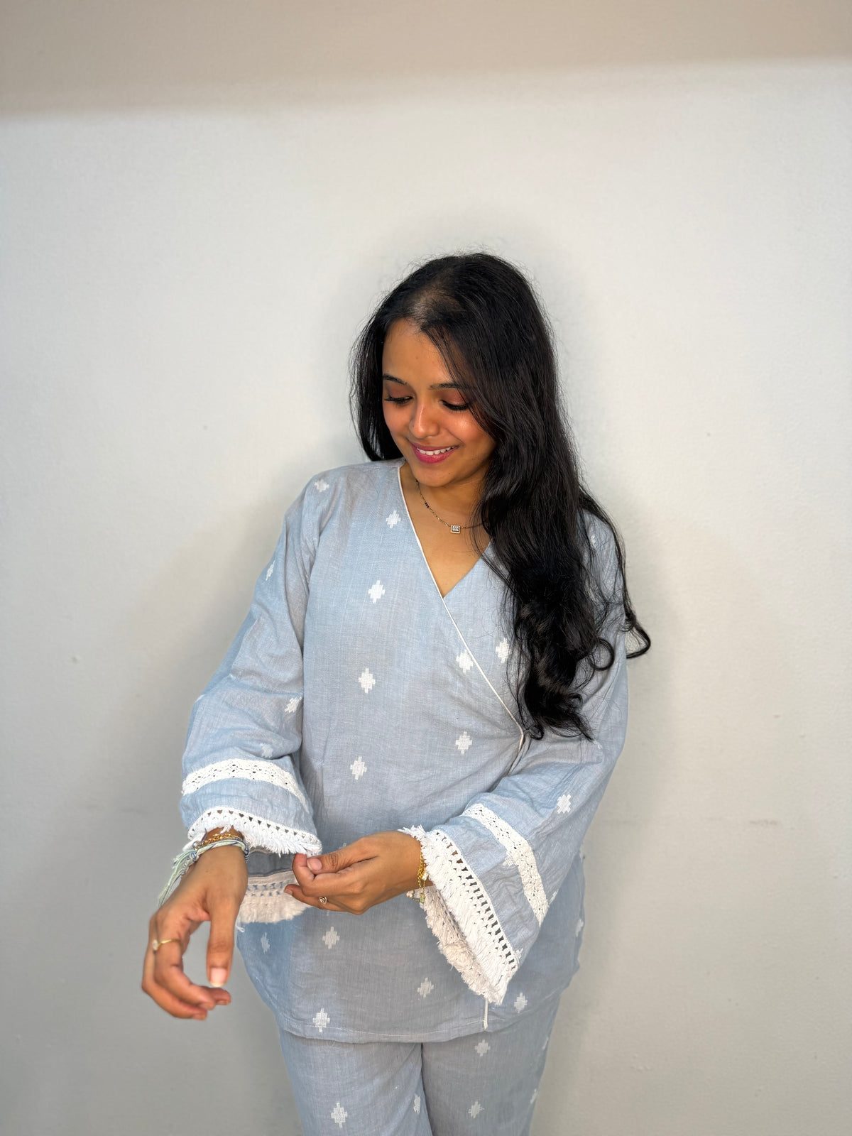 Powder Blue Handloom Cotton Angrakha Co-ord Set with Lace Detailing