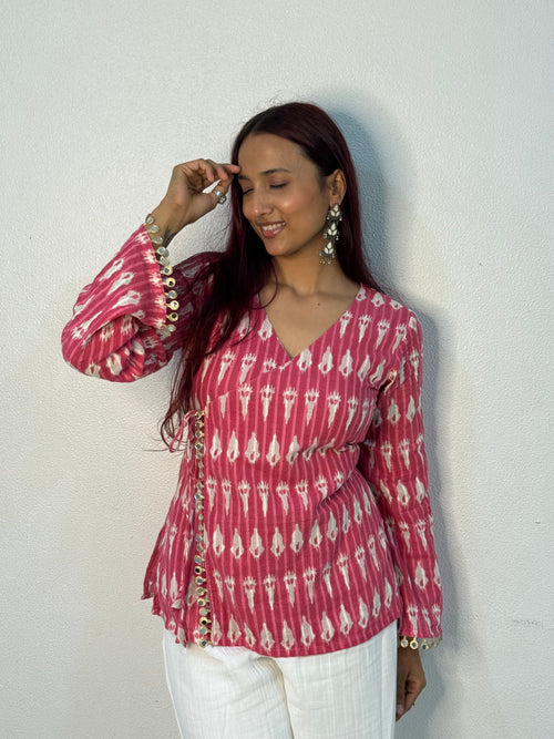 Bright pink ikkat top with mirror lace detailing
