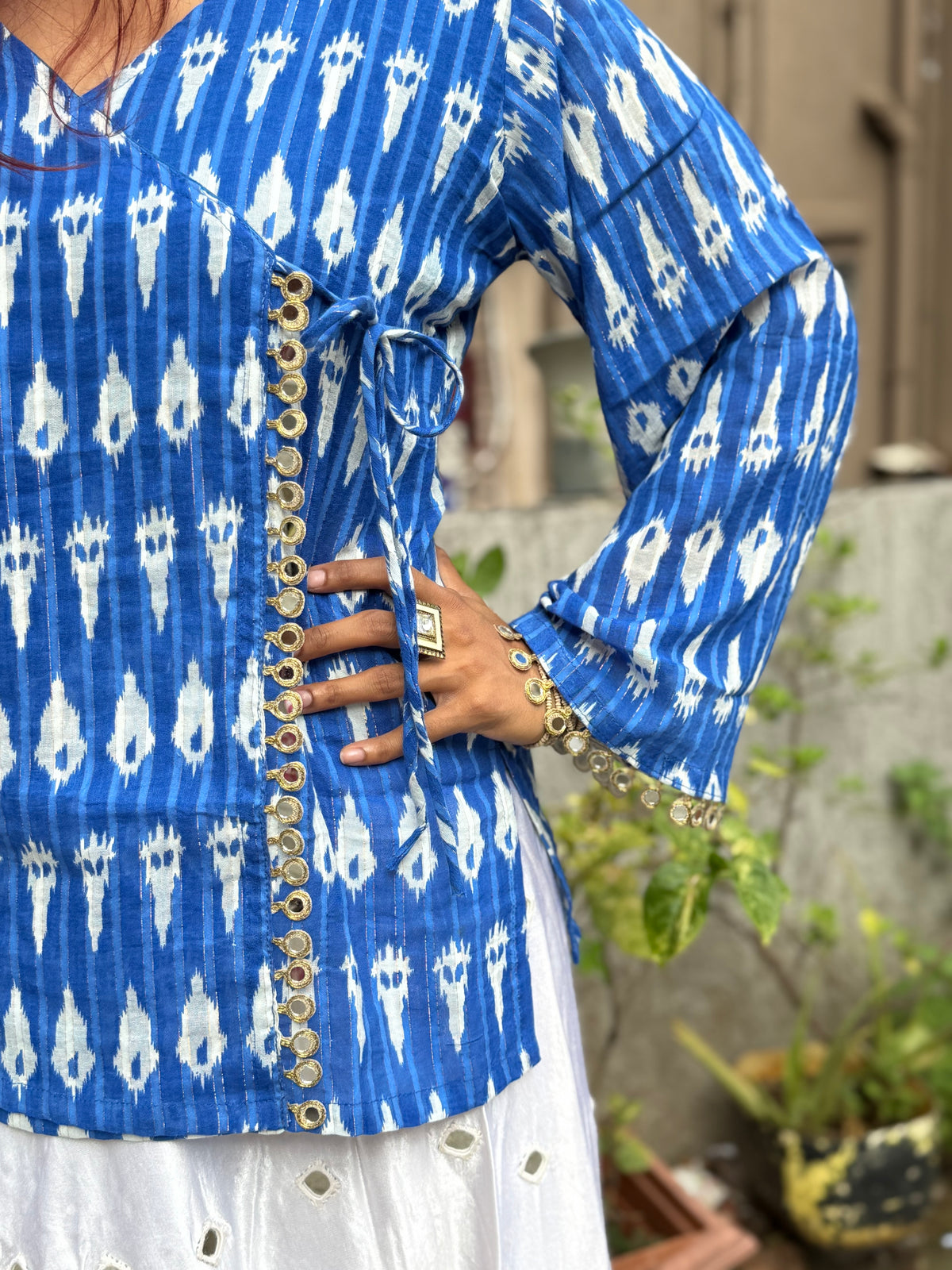 Blue ikkat top with mirror lace detailing