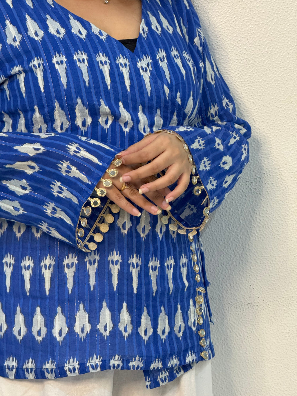 Blue ikkat top with mirror lace detailing