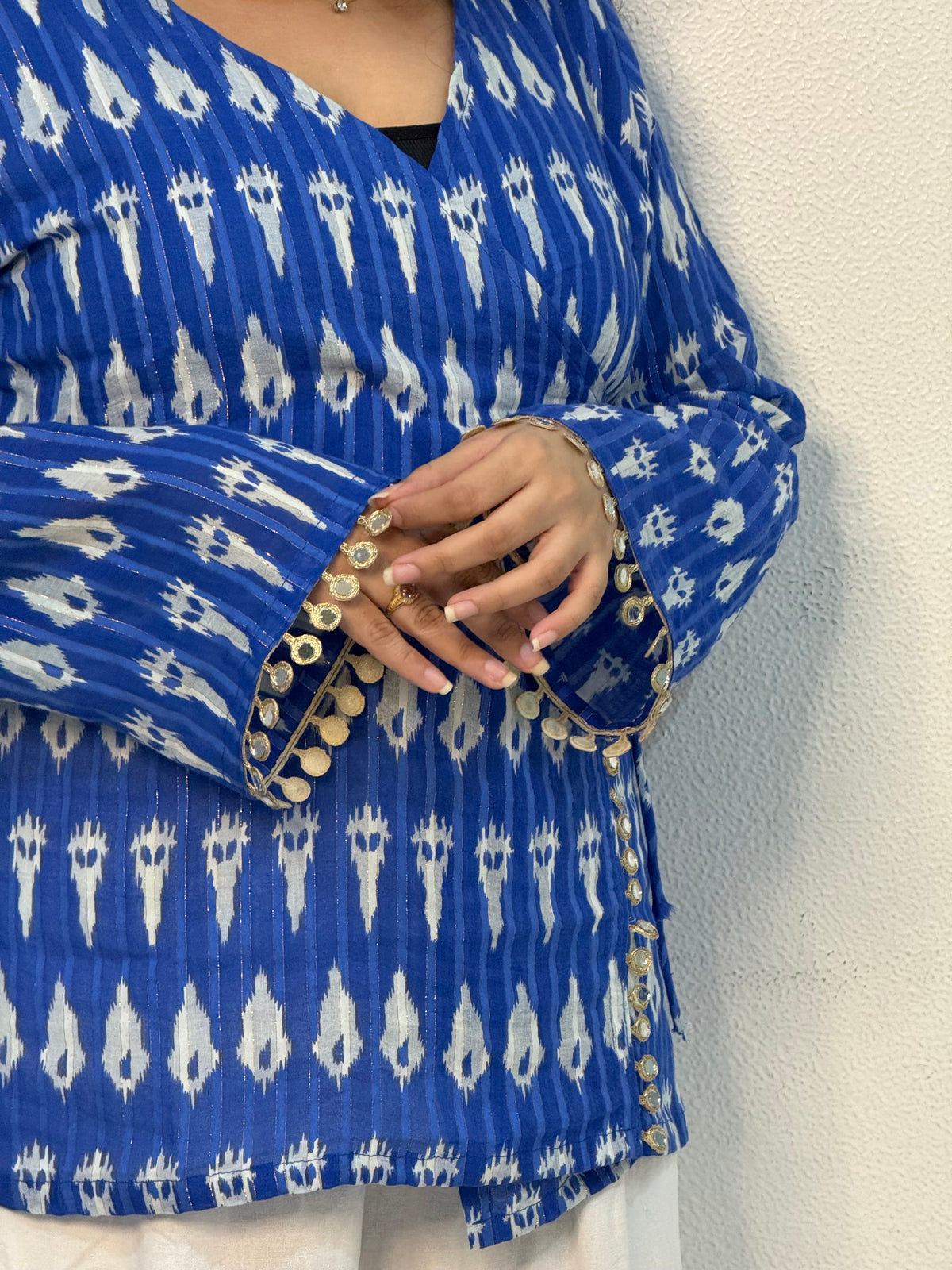Blue ikkat top with mirror lace detailing