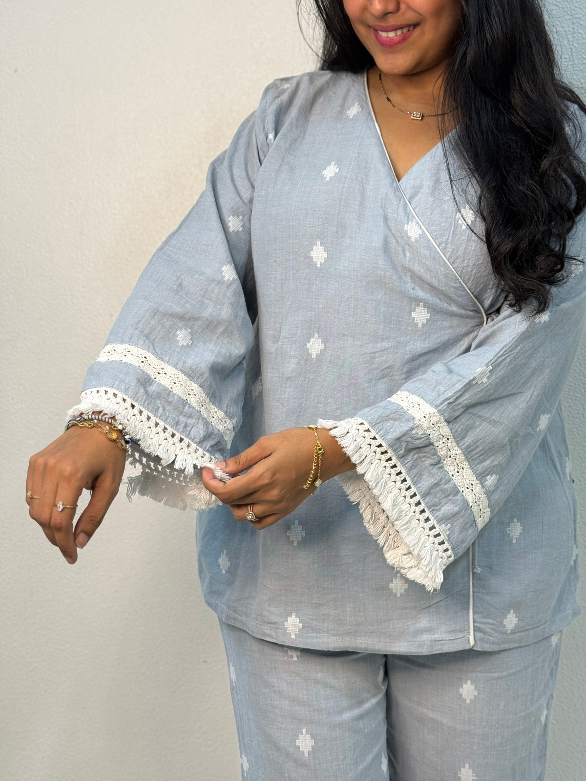 Powder Blue Handloom Cotton Angrakha Co-ord Set with Lace Detailing