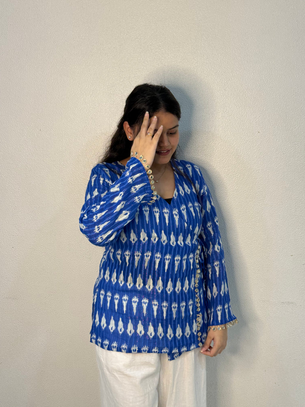 Blue ikkat top with mirror lace detailing