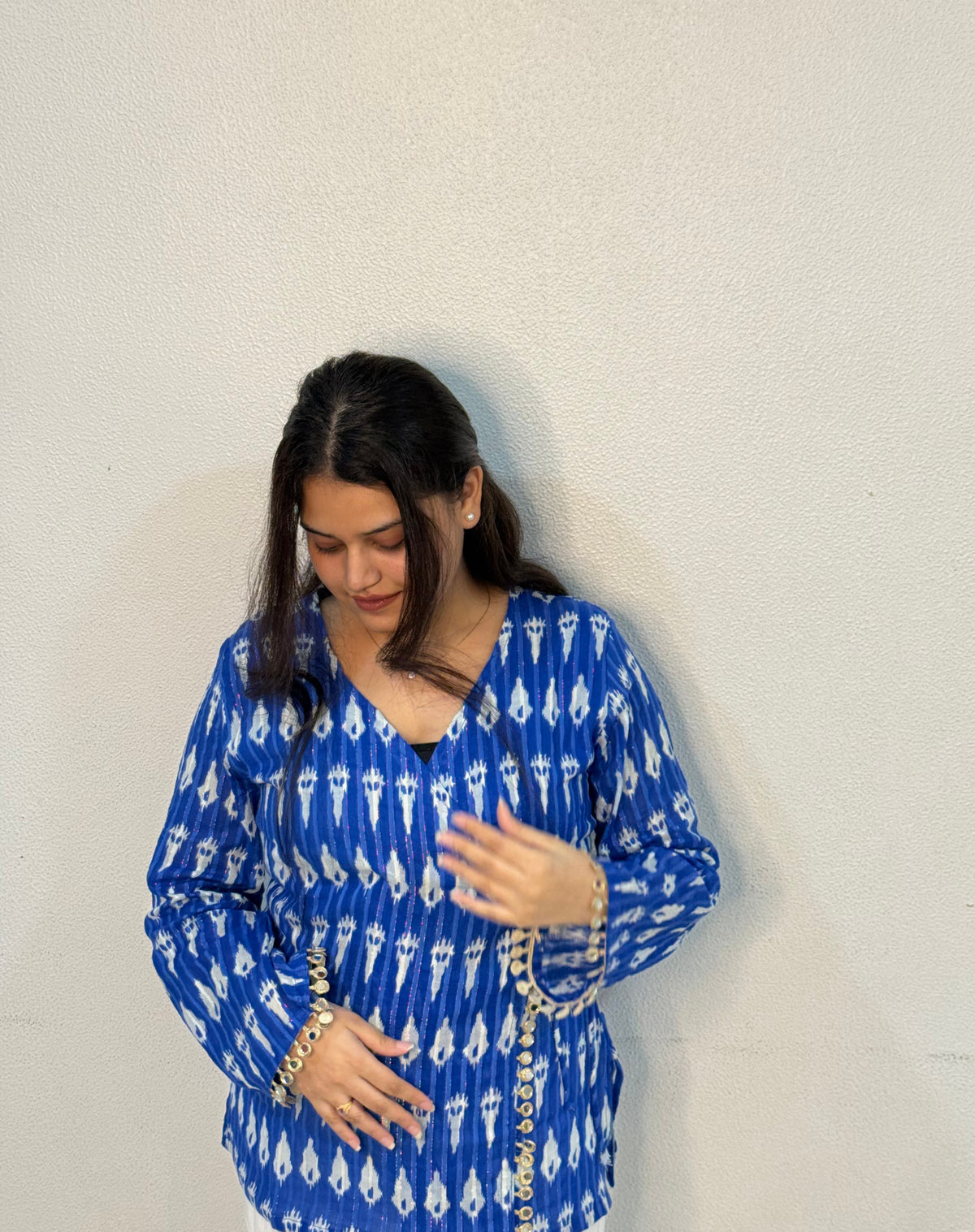 Blue ikkat top with mirror lace detailing