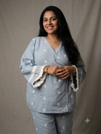 Powder Blue Handloom Cotton Angrakha Co-ord Set with Lace Detailing