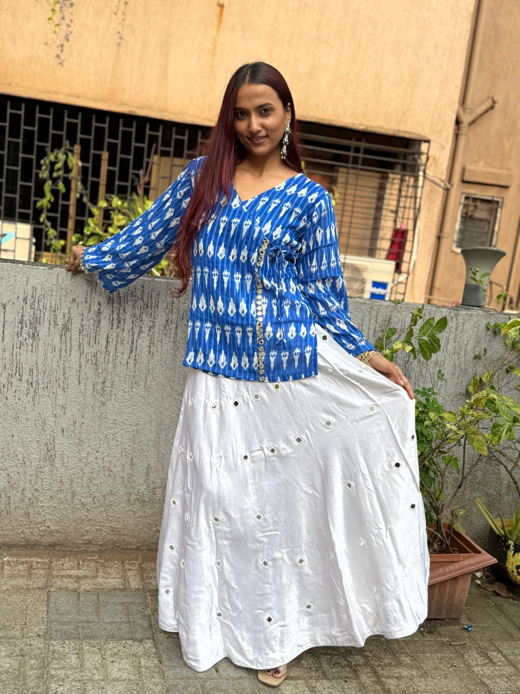Blue ikkat top with mirror lace detailing