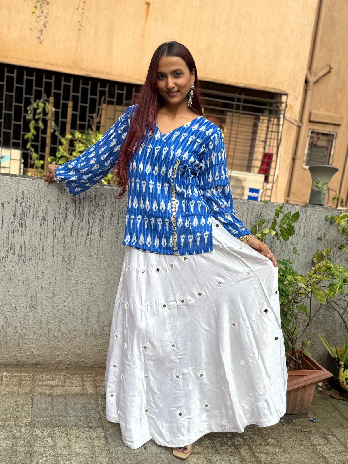 Blue ikkat top with mirror lace detailing