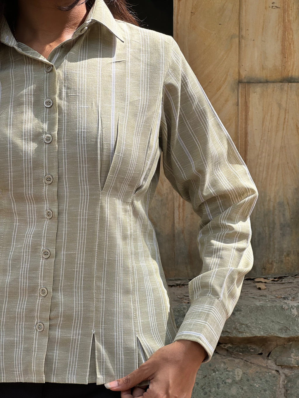Sage green linen stripe shirt