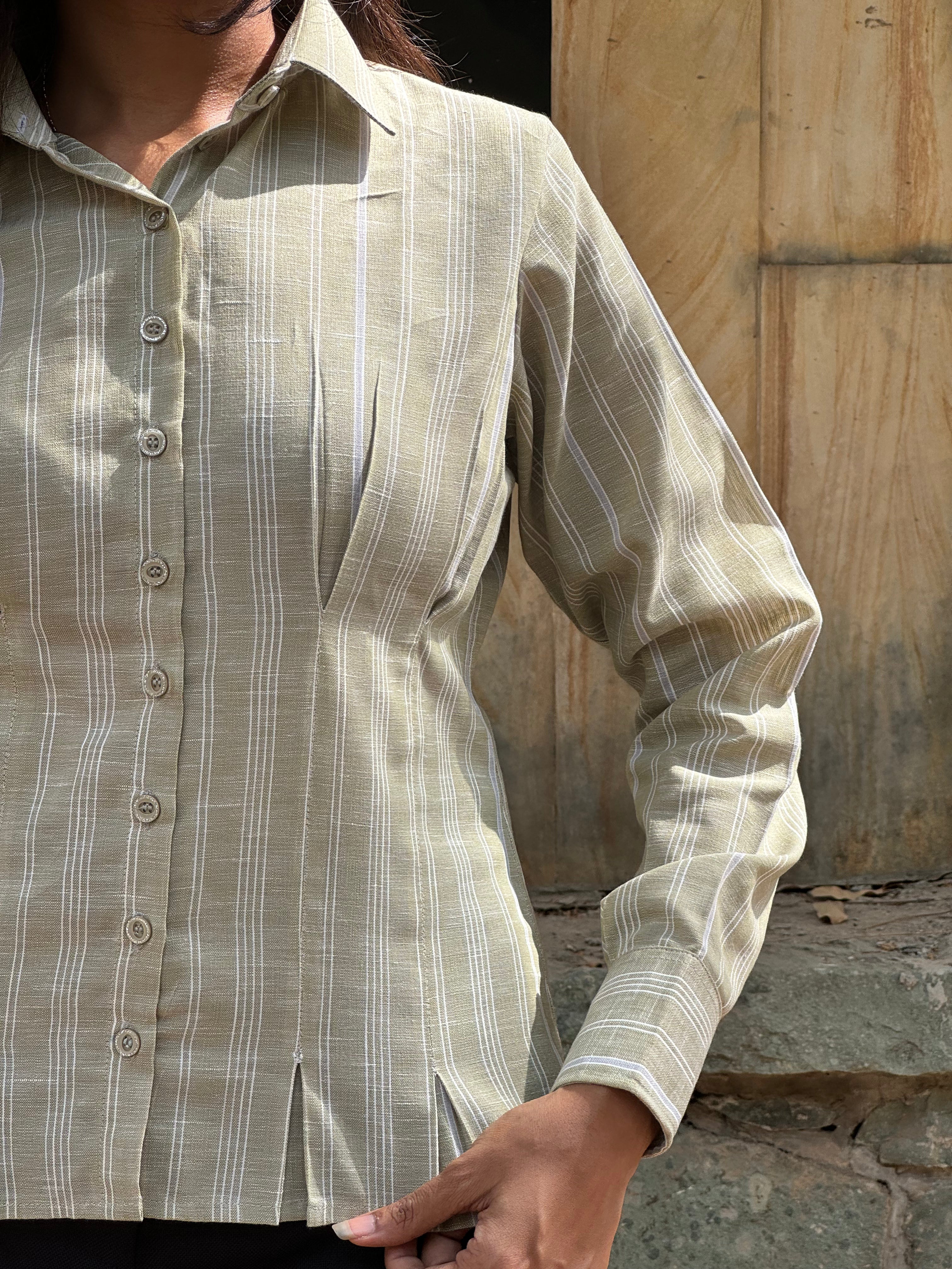 Sage green linen stripe shirt