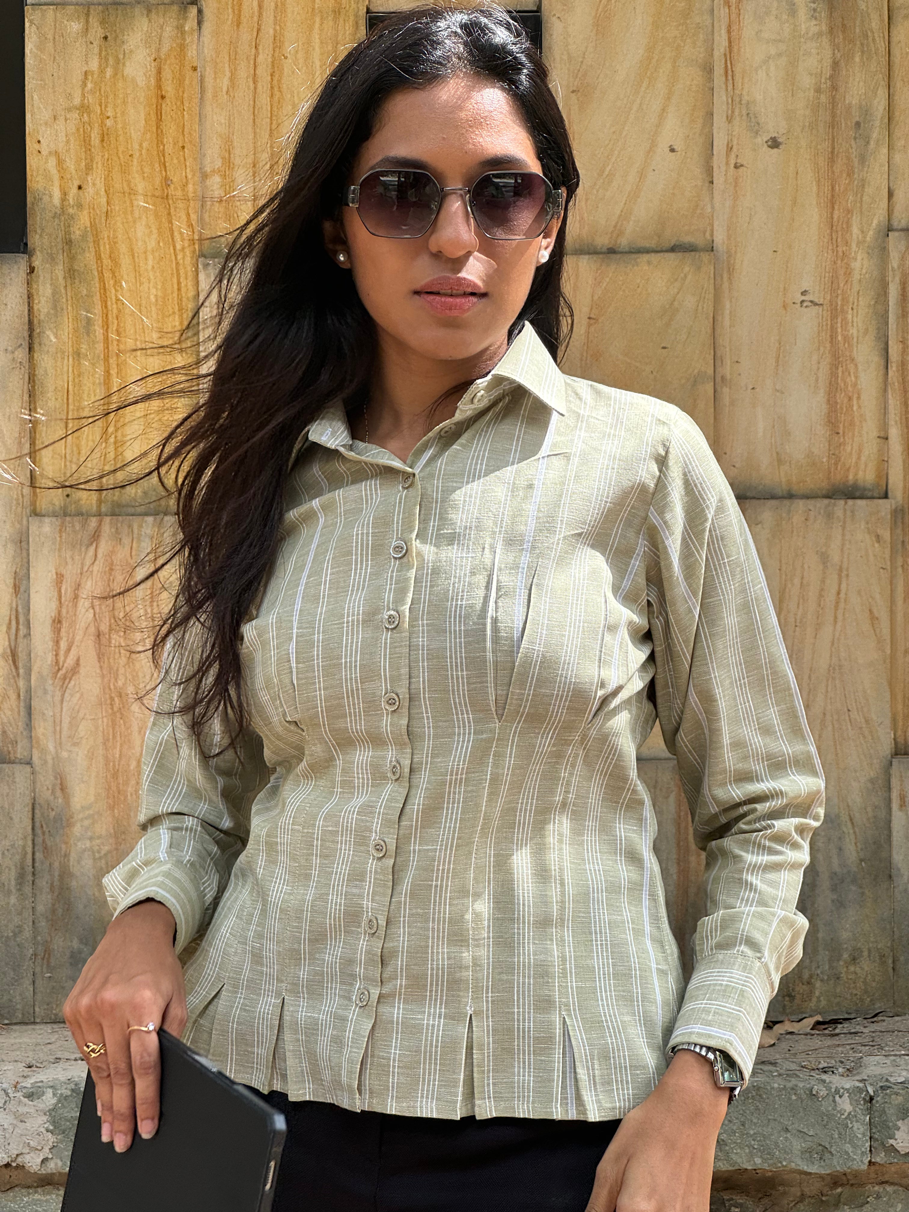 Sage green linen stripe shirt