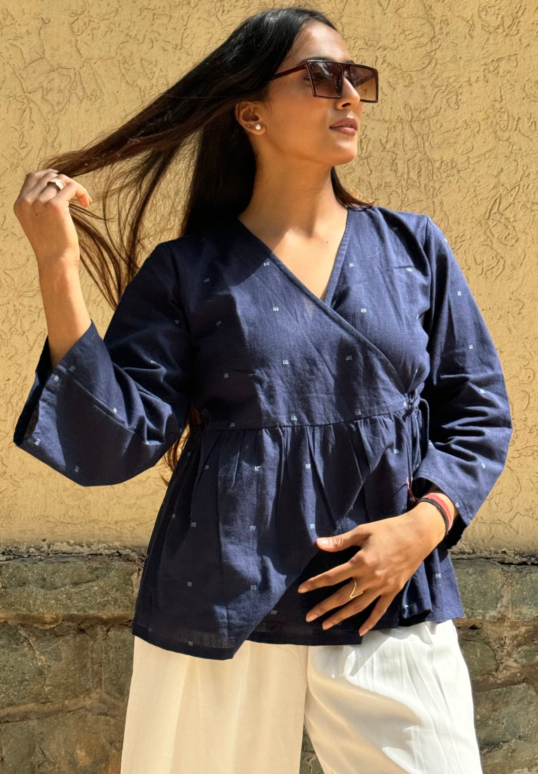 Navy handloom wrap top