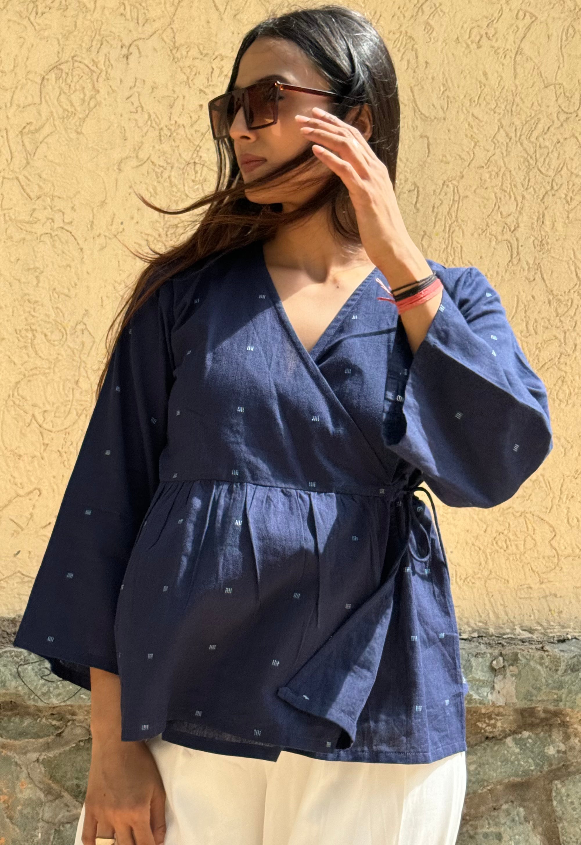 Navy handloom wrap top