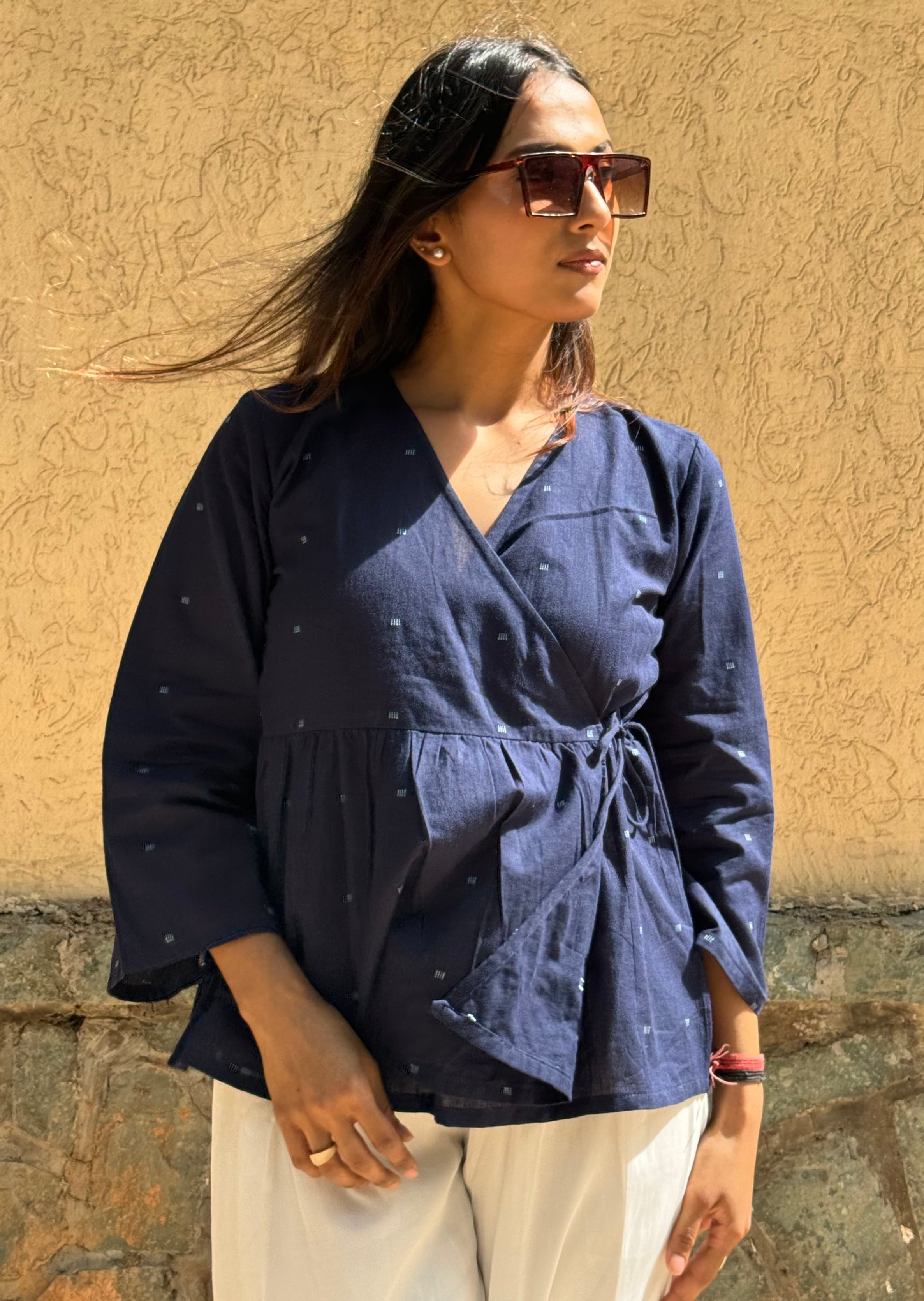 Navy handloom wrap top