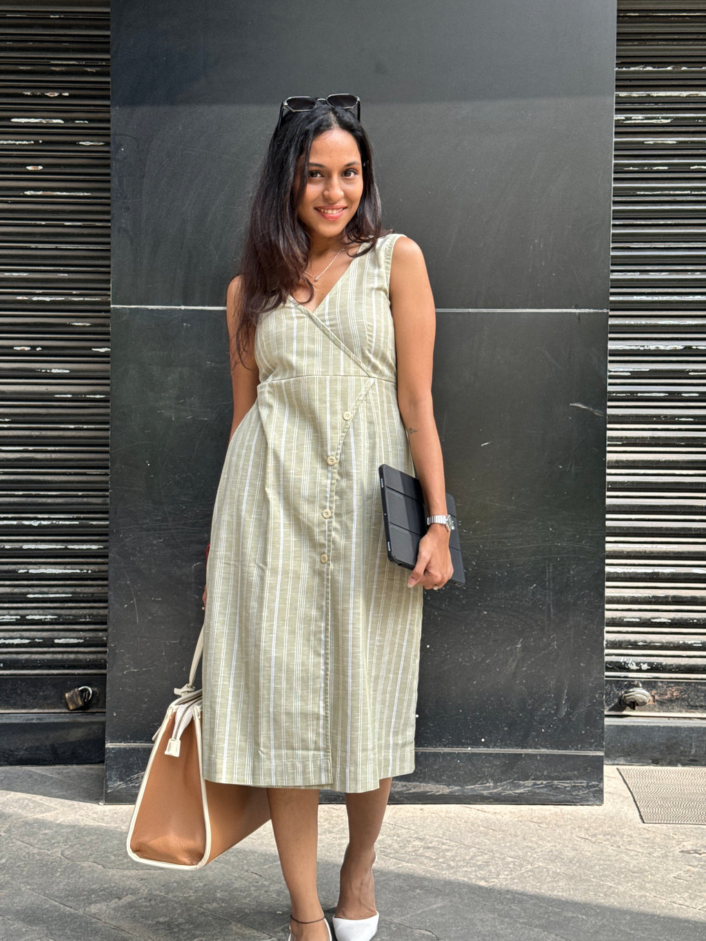 Sage green linen stripe dress