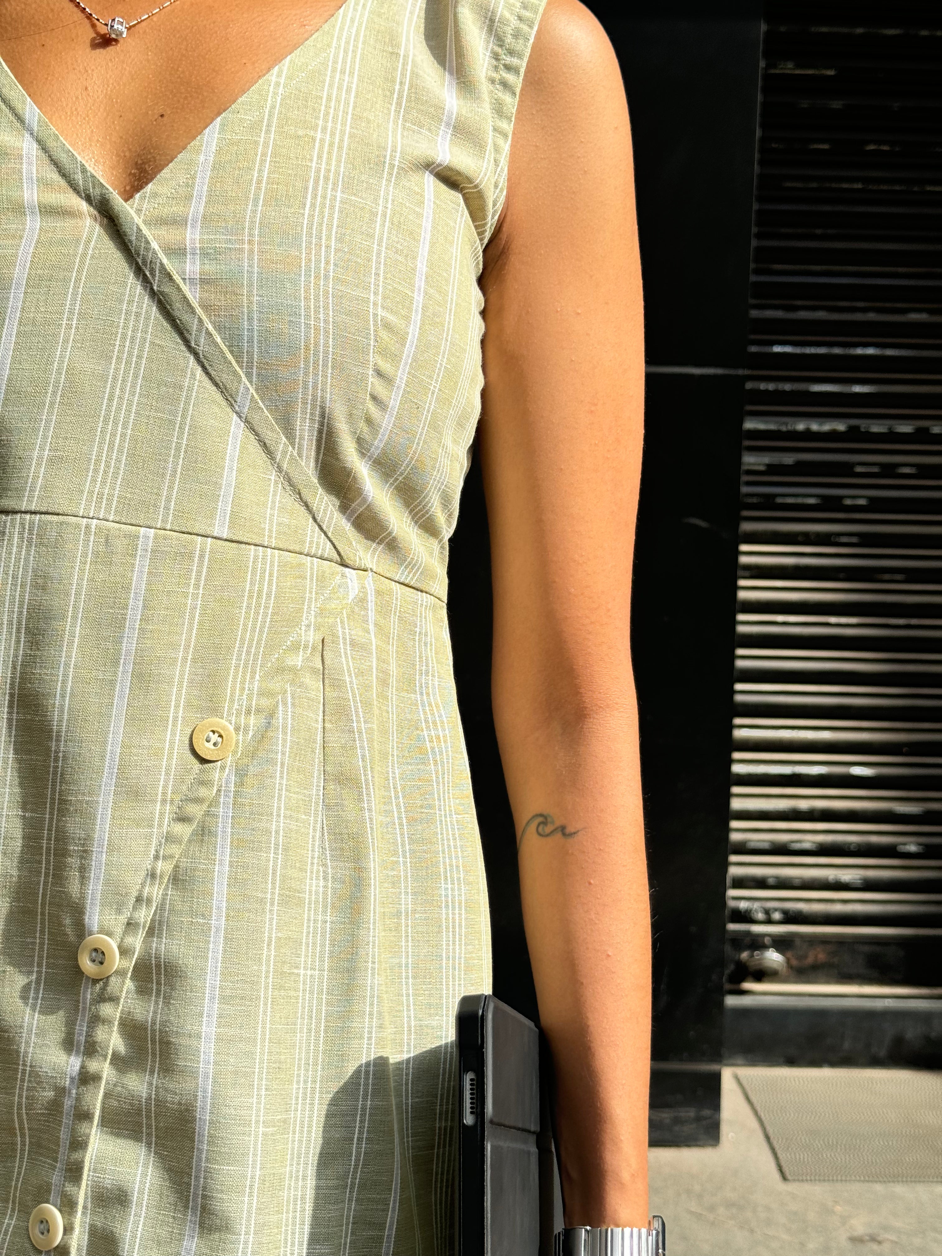 Sage green linen stripe dress