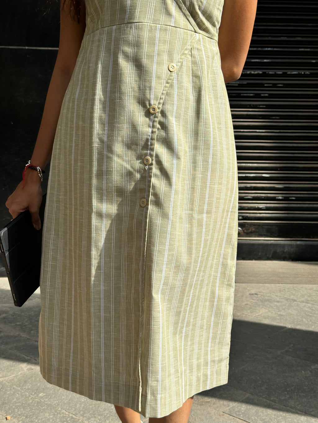 Sage green linen stripe dress
