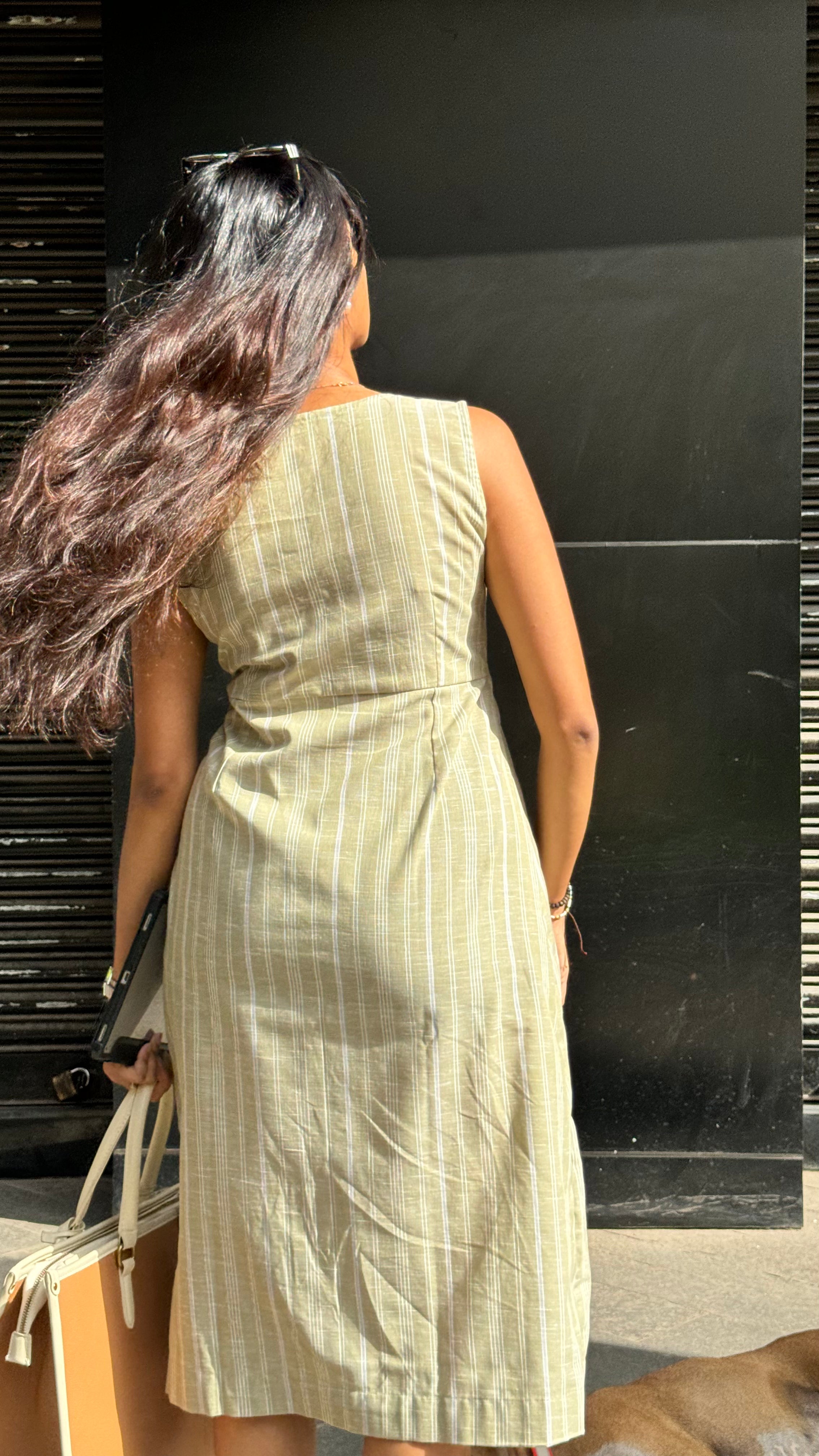 Sage green linen stripe dress