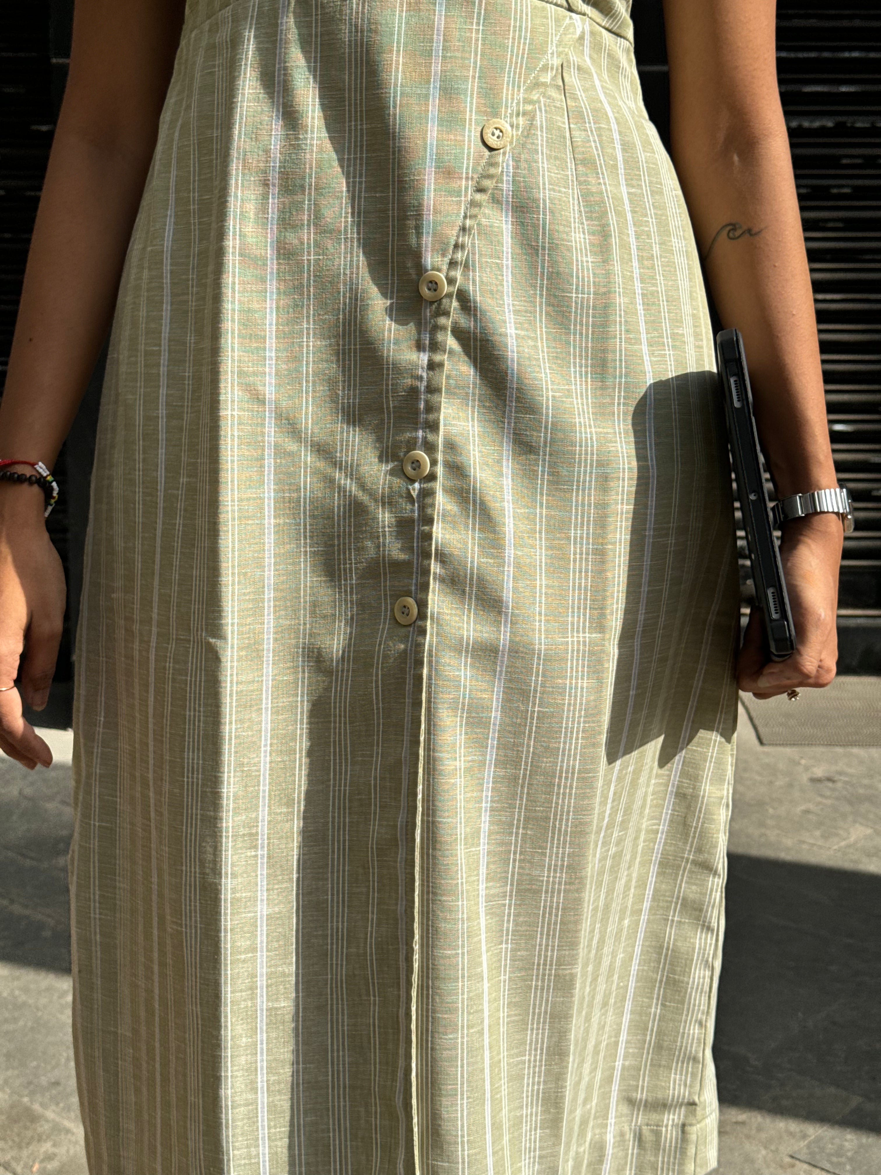 Sage green linen stripe dress