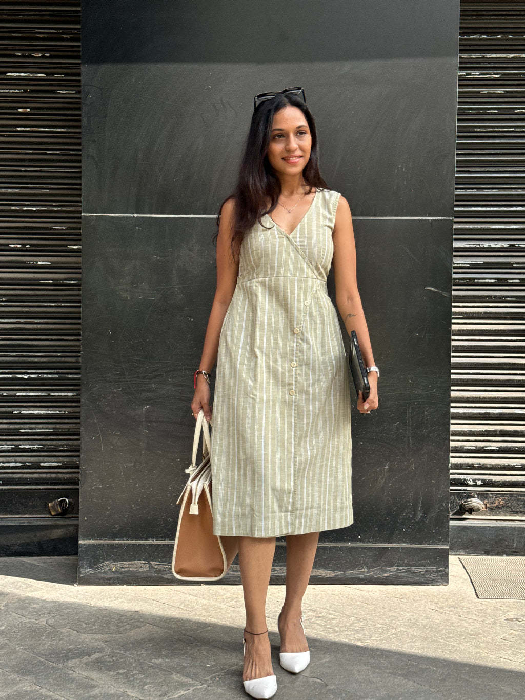 Sage green linen stripe dress
