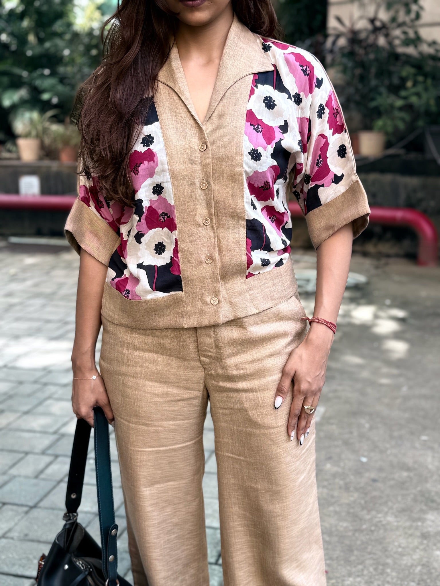 Beige Linen Printed Co-ord Set | Semi-Formal Office Wear - LoveForTextile