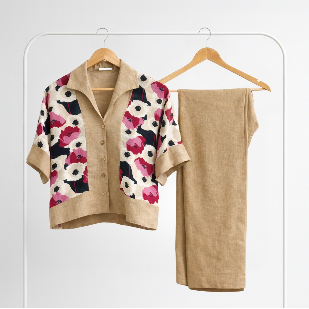 Beige Linen Printed Co-ord Set | Semi-Formal Office Wear - LoveForTextile