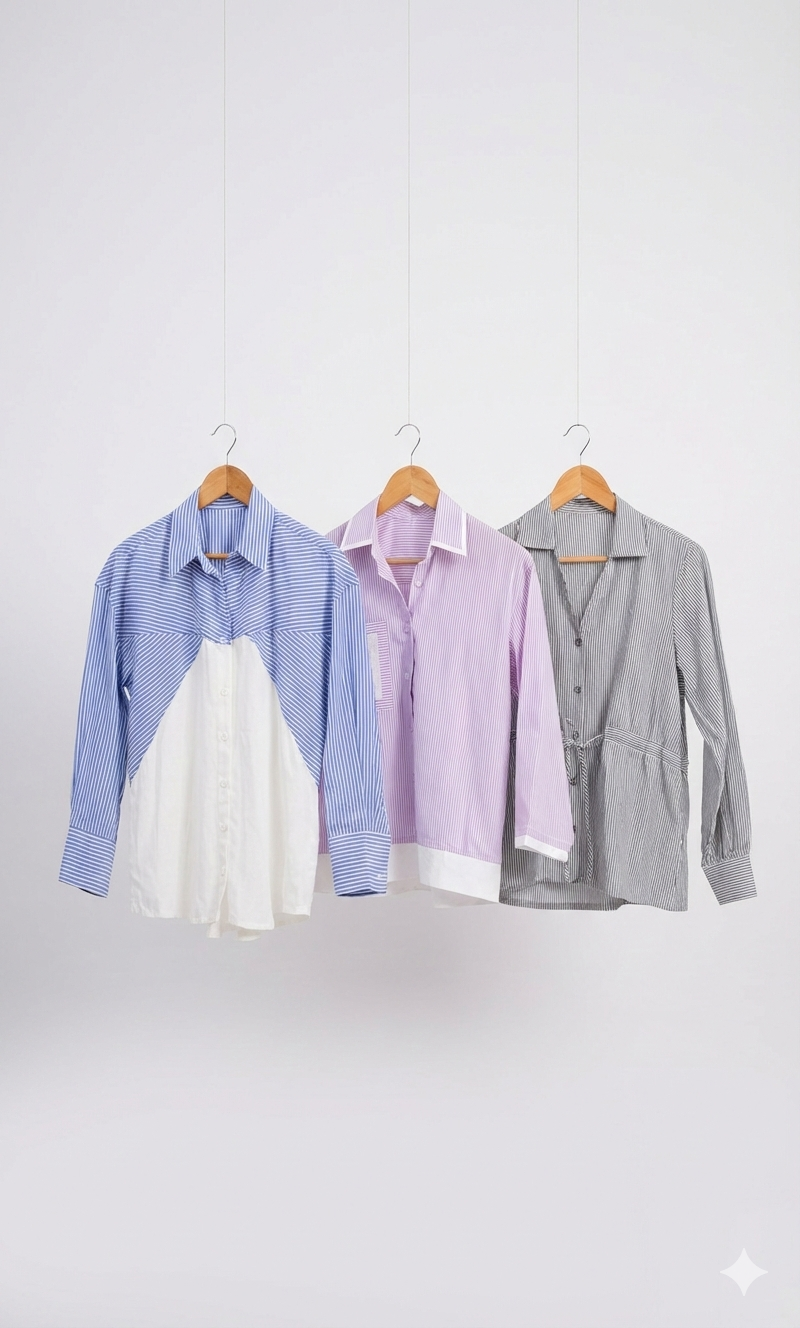 Three shirts hanging on wooden hangers against a white background