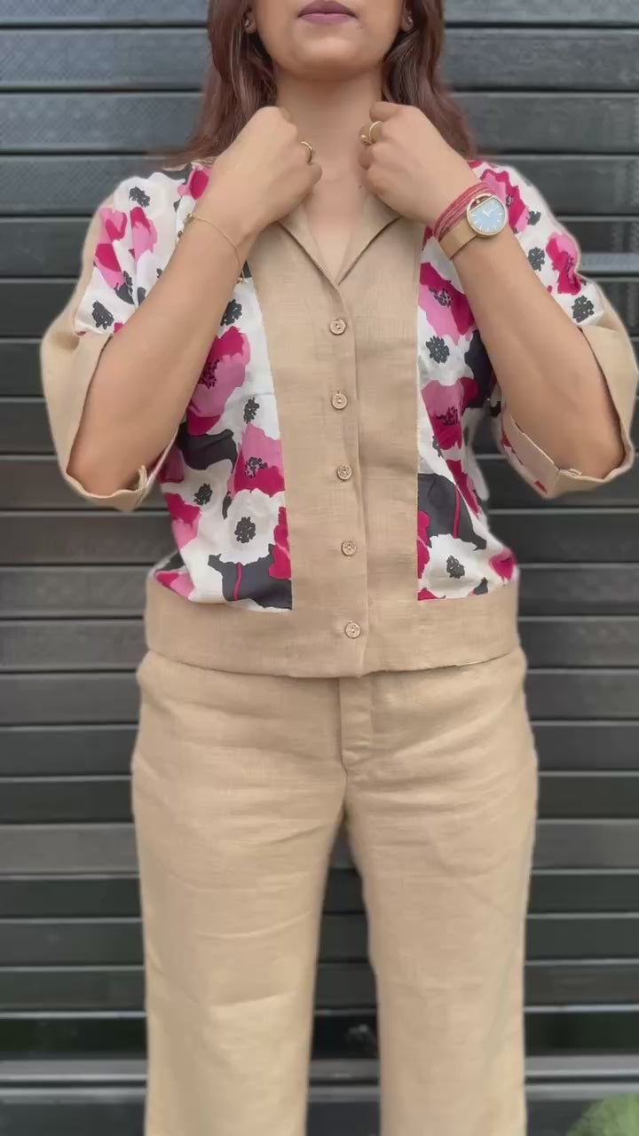 Beige Linen Printed Co-ord Set | Semi-Formal Office Wear