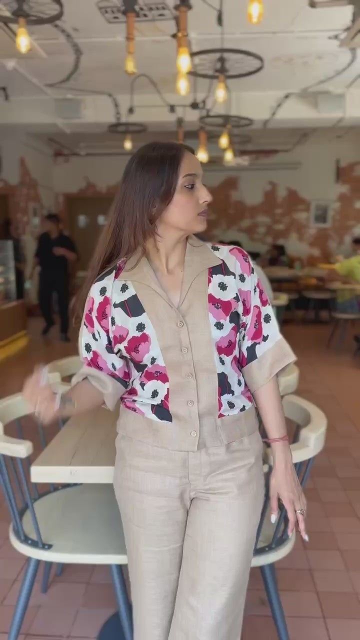 Beige Linen Printed Co-ord Set | Semi-Formal Office Wear